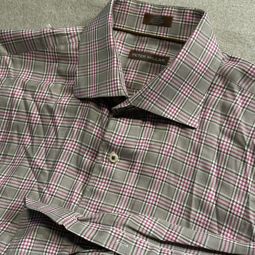 Peter Millar Gray and pink button down shirt with small hole see photos